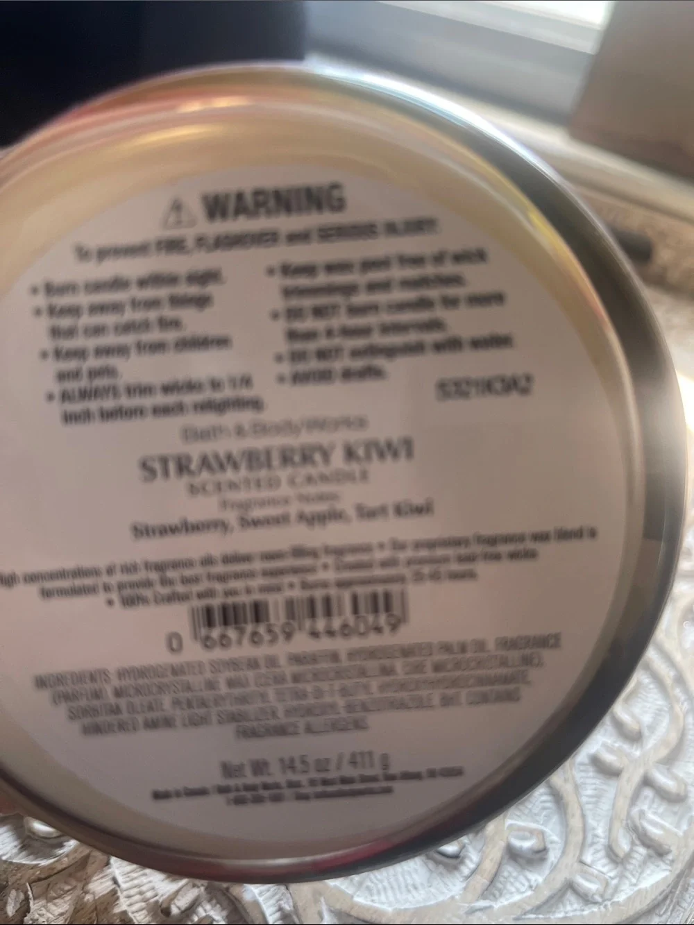 Bath & Body Works Strawberry Kiwi Candle with Green Lid and Red Label Art